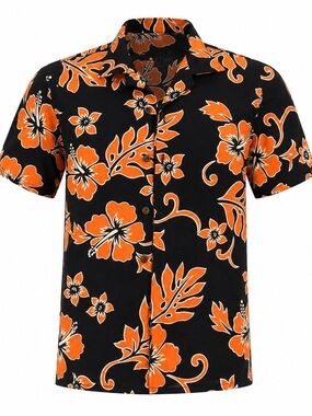AlohaWears boys Hawaiian shirt size 6/8. 100% cotton Black orange floral